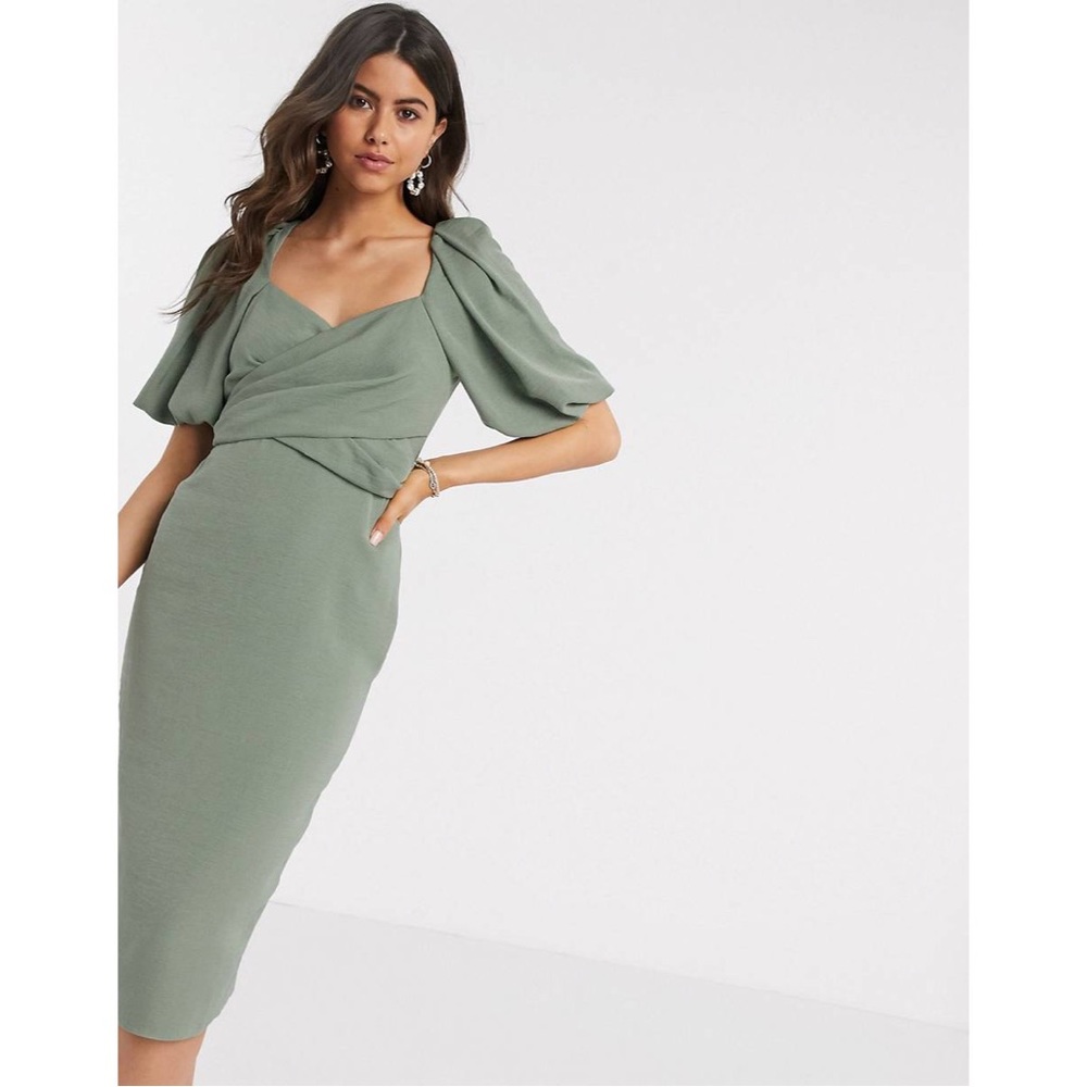 ASOS DESIGN wrap front midi dress with puff sleeves in khaki